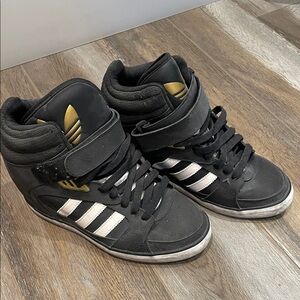 Adidas Black and Gold High-Tops with White Stripes